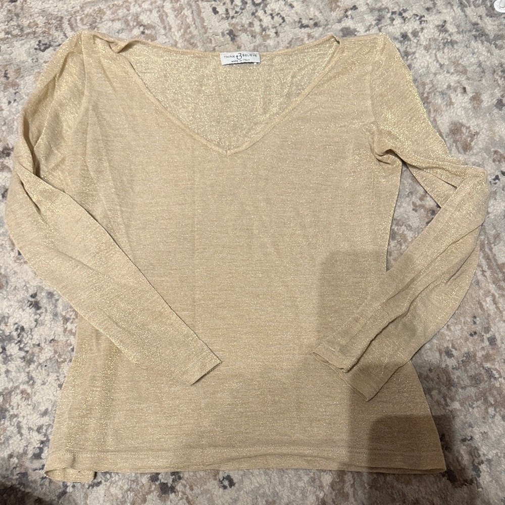 Metallic Gold V-Neck Long Sleeve Top
